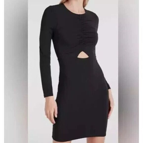 Express 90130 Women's Sz XS Black L/S Ruched Cut-Out Body Con Dress - Picture 7 of 8